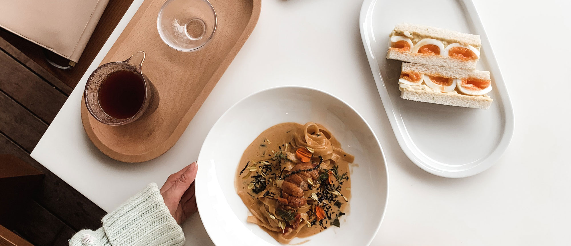 Japanese egg sandwich served with tea and uni pasta